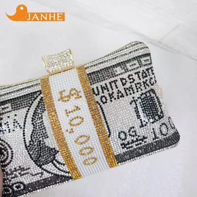 China JANHE Bling Dollar Money Purse Luxury Rhinestone Luxury Handbags Evening Bag Grab Evening Clutch Bag for sale