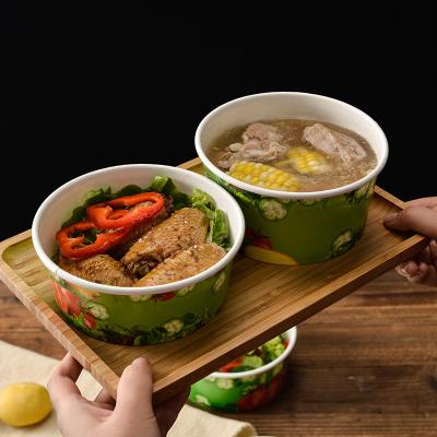 China Modern Round Disposable Lunch Food Container Green Printing Take Out Double Wall Insulated Paper Bowls With Lids for sale