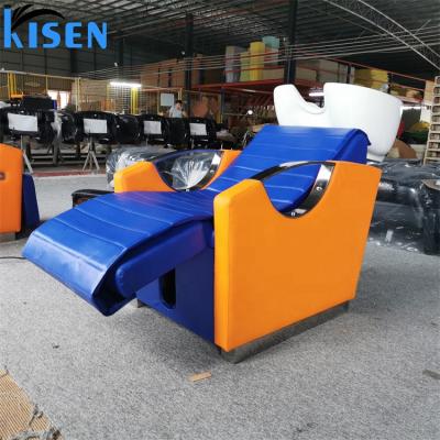 China Kisen Contemporary High Quality Hair Salon Furniture With Backwash Station Sink And Blue And Orange Electric Chair Shampoo Massage Basin Bed for sale