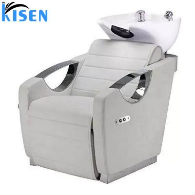 China Best Selling Contemporary Hair Salon Furniture With Backwash Station Sink And Basin Custom Logo White Electric Massage Shampoo Chair Bed Set for sale