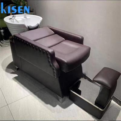 China Traditional Popular Cozy Unit Brown Basin Hair Salon Furniture Barber Shop Sink Shampoo Chairs Bed Black Green for sale