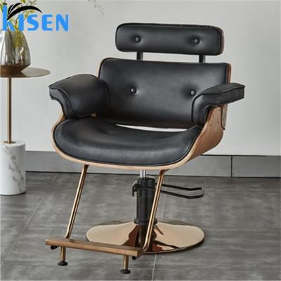 China Hot Sale 2021 Low Price Manufacturer Foshan Kisen Barber Shop Hair Salon Furniture Traditional Modern Black Color Wooden Styling Chair for sale