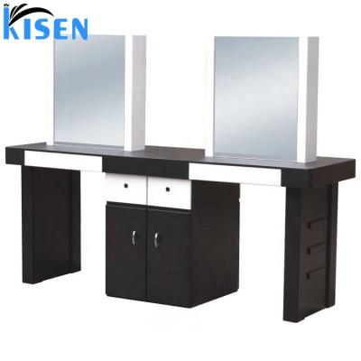 China Kisen Luxury Led Lighted Lighted Mirror Cabinet Hair Beauty Salon Furniture Barber Station for sale