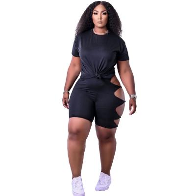 China Wholesale Custom Sportswear 2023 Sexy Nightclub Hole 2 Piece Plus Size Solid Color Jogger Women's 2 Piece Set for sale