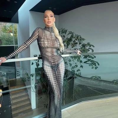 China Anti-Static Women Spring New Long Sleeve Mesh Bodysuit Sexy Scam Turtle Neck See Through Street Wear Mesh Printed Club Long Dress High Waist for sale