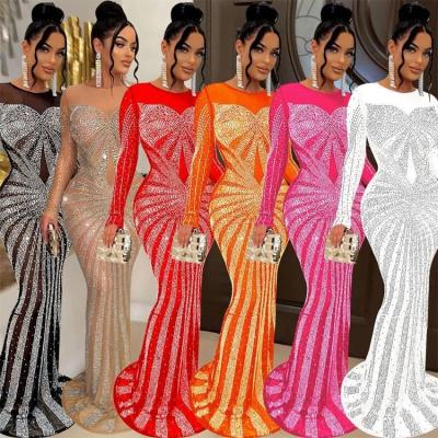 China Mesh Sheer Rhinestone Breathable Sexy Long Maxi Dresses Women Evening Dresses See Through Nightclub Outfits Party Bodycon Diamond Prom Dress for sale