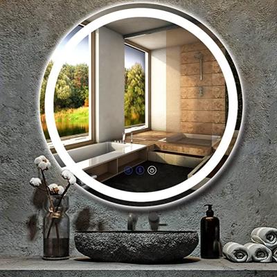 China Bathroom Round LED Lighted Vanity Mirror With Lights 3 Color Dimmable Anti Circle Mirror Fog Vanity Light Smart Lighted Mirrors for sale