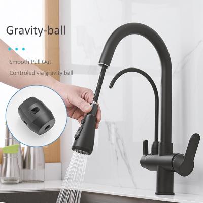 China Thermostatic Faucets Matte Black Filtered Crane For Kitchen Pull Out Spray 360 Rotation Water Filtration Faucet Three Ways Pull Down Mixer Kitchen Faucet for sale