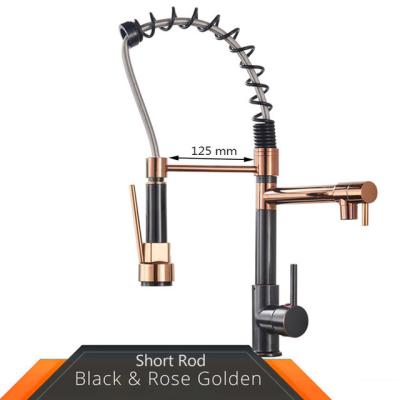 China Thermostatic Faucets Black And Rose Golden Spring Pull Down Kitchen Sink Faucet Hot And Cold Water Mixer Crane Tap With Dual Deck Mounted Spout for sale