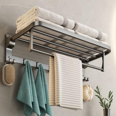 China Traditional Ready To Ship Top Gun Gray Free Punch Metal Fashion Towel Rack Foldable Bathroom Towel Organizer for sale