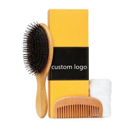 China Customizable Logo Wooden Boar Bristle Hair Brush For Women Thick Long Hair Set for sale