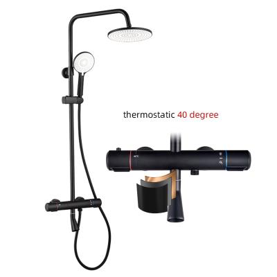 China With Modern Design Luxury Brass Black Adjustable Column Shower Faucet Slide Bar Bathroom Thermostatic Shower Set for sale