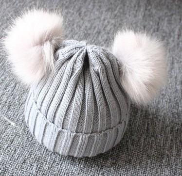 China JOINT Kids Custom Logo Baby Double Pompom Beanie Hat for sale