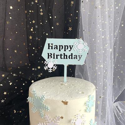 China Eco-friendly Wholesale Acrylic Happy Birthday Cake Topper Snow Flower Design Sky Blue Birthday Cake Decoration for sale