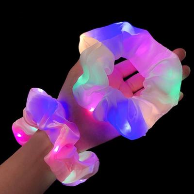 China Newest Fashion LED Hair Elastic Hair Bands Girls Candy Color Night Light Satin Silk LED Hair Scrunchies Snap Hair Ties for sale