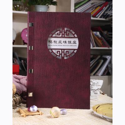 China hollow cover-outside suqare screws connecting hollow-leather menu book available PU menu cover printing service good quality for restaurant for sale