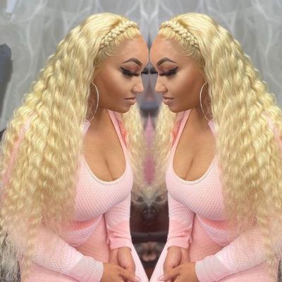 China 2022 Hd Hot Selling European Virgin Silky Remy Human Hair Single Knots Full Lace Wigs Lace Up Top Kinky Curly Wigs Blonde Color 613# Body Wave for sale