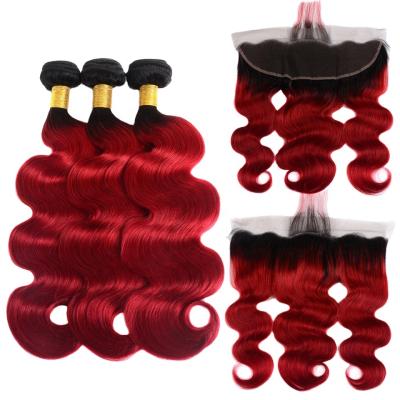 China Peluca Frontal De Encaje Curly Peruvian Red Body Wave 1B Bundles 13x6 9a 2t Ombre Curl and Lace Headbands With Baby Hair for sale