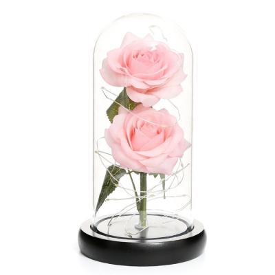 China Silk 2 Heads Artificial Rose In Glass Dome With LED Light For Valentine Gift Room Decoration for sale