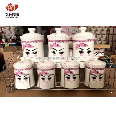 China Sustainable Unique Design Kitchen Used 7 Pcs Porcelain Spice Jar Salt Condiment Canister Set Seasonings Sugar Jar With Metal Rack for sale