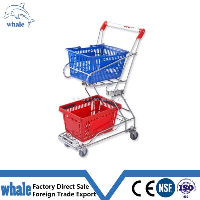 China Double Layer Metal Supermarket Shopping Trolley Eco - Friendly Trolley With Two Plastic Basket for sale