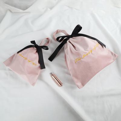 China Green Logo Small Pouch Dustproof Printed Storage Bag Pink Velvet Embroidery Hand Rope Bowknot Drawstring Bag for sale