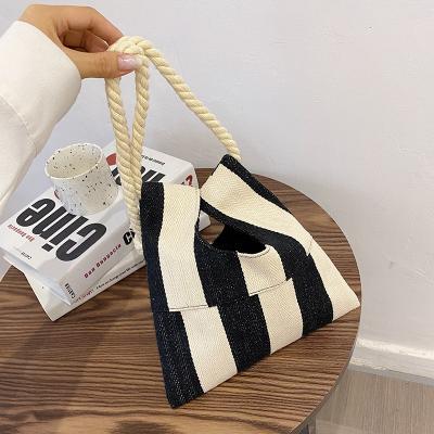 China Simple Striped Women Retro Tote Bag Fashion Handbag Small Canvas Fashion Shoulder Bag One for sale