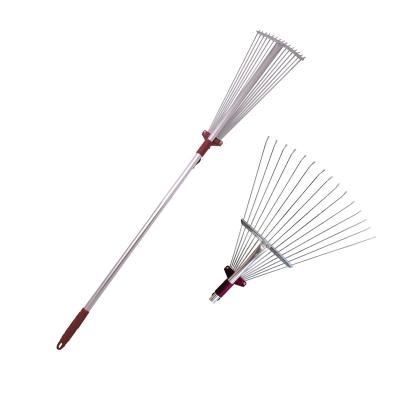 China Sustainable Custom Garden Tools Metal Leaf Garbage Cleaning Tools Garden Rake 15 Tooth Telescopic Leaf Rake. for sale