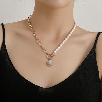 China High Quality Zuowen Stainless Steel Pearl Necklace Chain Necklace Tasty Gold Plated Women Half Pearl Half Chain Necklace for sale