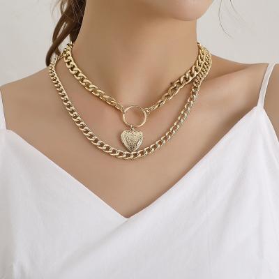 China Y2K Alloy Trendy Layered Chunky Chain Love Heart Shape Double Layered Pendant Necklace For Women Jewelry for sale