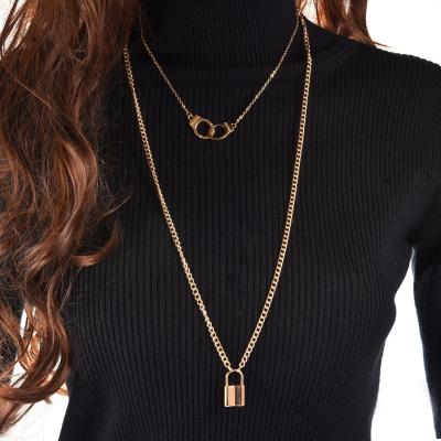 China Y2K Double Layered Punk Alloy Sweater Chain Choker Handcuffs Lock Pendant Necklace For Women Jewelry for sale