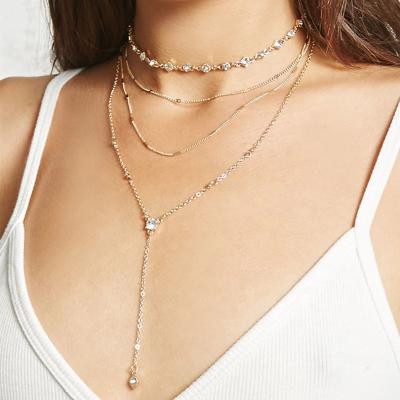 China Zuowen CLASSIC Zinc Alloy Gold Plated Single Chain Choker Pendant Necklace Multilayer 4 Layers With Diamond for sale