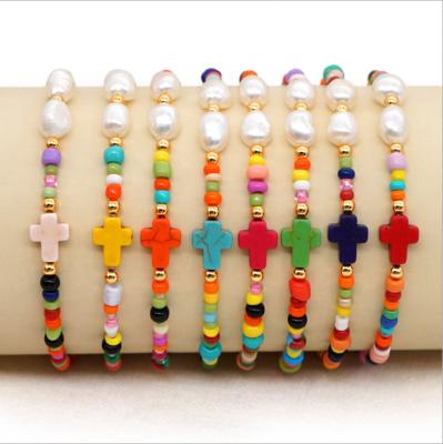 China Fashion Environmental Friendly Stretch Zuowen Freshwater Beads Bracelet With Rainbow Cross Glass Seed Boho Beaded Bracelet for sale