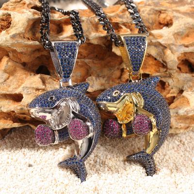 China INS Hiphop Jewelry Ocean Animal Hiphop Iced Out CZ Stone Boxing Shark Rope Chain Necklace Mens Pendant Mic Pave Cubic Zircon Necklace for sale