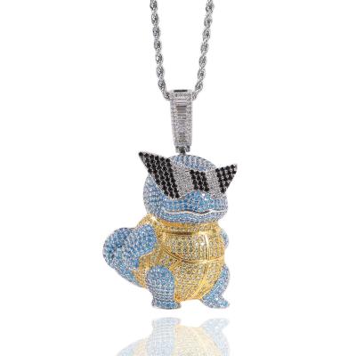 China Hiphop ZUOWEN Squirtle Cartoon Characters Pendant Necklace Gold/Silver Cubic Zircon Men Women Iced Out Charm Chain Necklace for sale