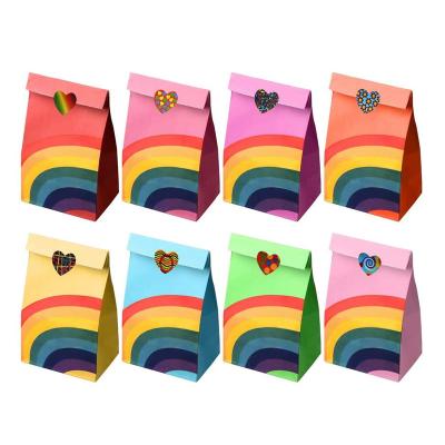 China Recyclable Rainbow Treat Paper Bags For Halloween Christmas Thanksgiving Birthday Wedding Supplies Favor Gift Paper Bags With Heart Sticker for sale