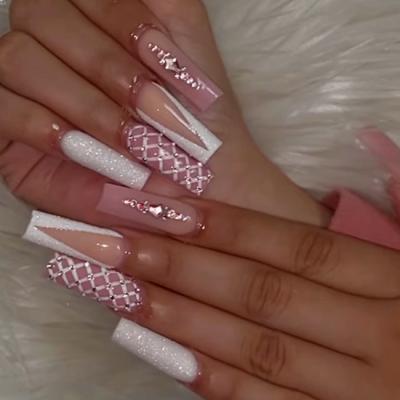 China Eco-Friendly ABS Glitter Nail Naixi Nails Wholesale Fashionable Ins Nails Luxury Long Ballerina Pink Pink Spots Press On Nails Custom Artificial Nails Tips for sale