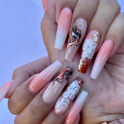 China ABS Eco-Friendly Finger Nails 2022 Pink Handmade Luxury Long Press On Nails With Rhinestones Coffin Custom Stick Along On Nails for sale