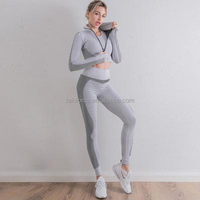 China Breathable Gym Fitness Sets Woman Crop Long Sleeve Top Yoga Set Long Leggings Seamless Yoga Suit High Quality for sale