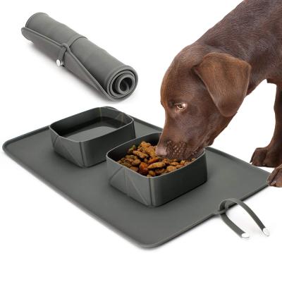 China Folding Dogs Pet Double Rolls Rolled Dog Cat Feeding Dish Silicone Food Non-Slip Portable Water Feeder For Home Outdoor for sale