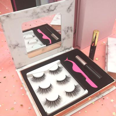 China Wholesale Natural Long Magnetic False Mink Eyelashes 3 Pairs 5 Magnet Lashes Eyeliner And Magnetic Lashes Box for sale