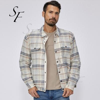 China OEM Reversible Custom Casual Plus Size Plaid Mens 100% Cotton Long Sleeves Bomber Jackets With Two Patch Pockets for sale