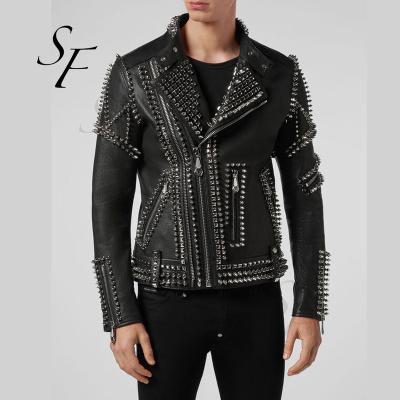 China Custom soft leather jackets waterproof coated leather jacket oversized punk studded black rivets pu biker rock fashion washed jacket for men for sale