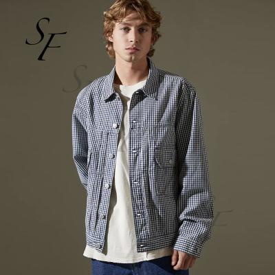 China Latest Design Logo Cotton Long Sleeve Reversible Custom Check High Quality 100% Breathable Small Trucker Jacket With Pockets For Men for sale