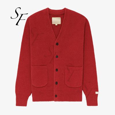 China Autumn Winter Two Pockets High Quality Ribbed Button Sleeve Terry Knit Cardigan Unisex Anti-wrinkle Leisure Front Closure Red For Men for sale