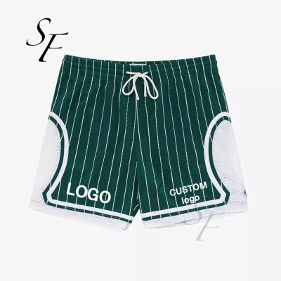 China Antibacterial Custom Embroidery Logo Stripe Printing Loose Mesh Vintage Breathable Mens Casual Jogger Basketball Shorts for sale