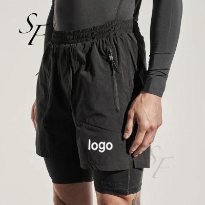 China Anti-Wrinkle OEM Design High Quality Luxury Casual Plain Double Layer Fitted Gym Skinny Running Jogger Nylon Black Shorts For Men for sale