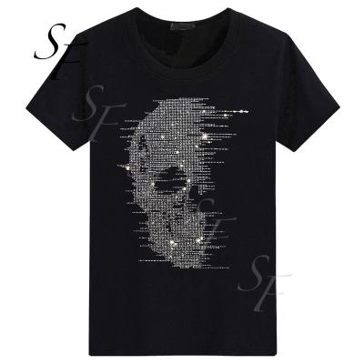 China Hip Street Hip Hop Style Cotton Rhinestone Diamond Transfer Skull Anti Shrink Custom Tees Oversized T Shirt For Men for sale