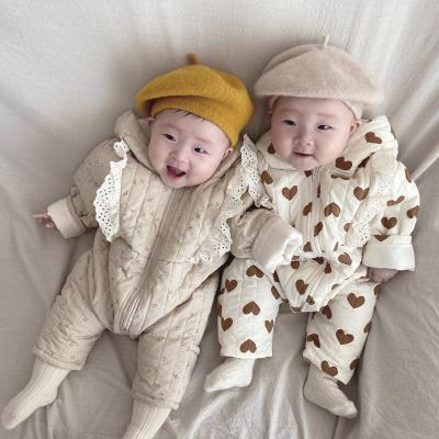 China Europe and America 2021 winter lace cotton casual winter lambswool fleece lined printed warm overalls for babies with hat for sale