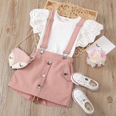 China Anti-wrinkle Fashion 2pcs Kid Girls Outfit Sets Summer Casual Girl Clothes Flying Sleeve Set Top Strap Shorts Casual Suit 2pcs Kids Set for sale